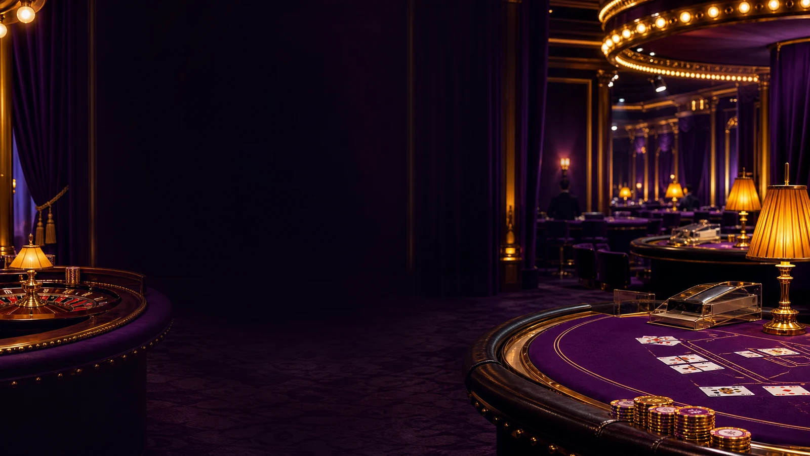 Purple and gold live casino tables with roulette and cards